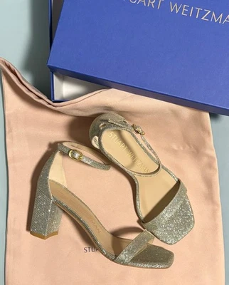 New Stuart Weitzman Nudistcurve 75 Block Sandal Sz 7 B 37.5 Spain Made Platino - Image 1 of 4