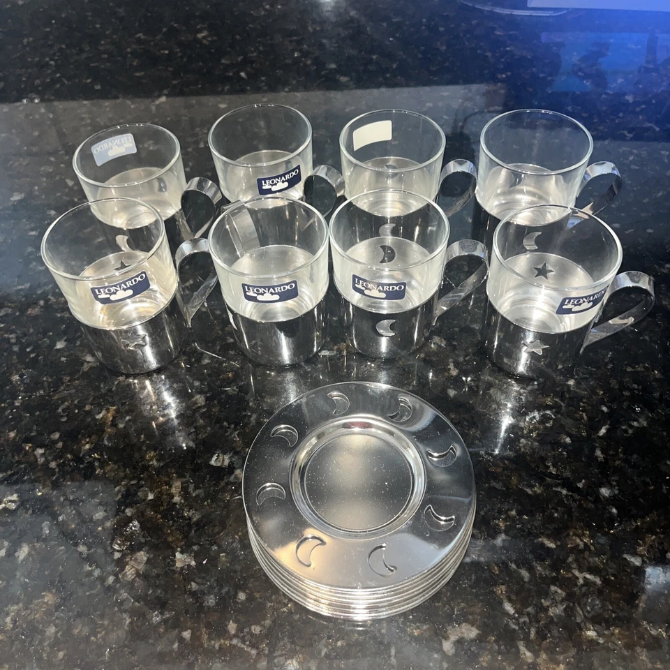 8件套复古莱昂纳多玻璃浓缩咖啡杯银色金属碟子全新带标签 — 第 1/4 张图片