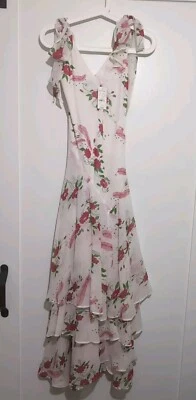 New Slip On Express Celia Birtwell White Red Floral Maxi Dress Silk Y2K Sz 6 - Image 1 of 4