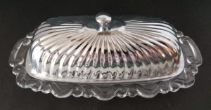 Vintage Clear Glass Scalloped Scroll Butter Dish w/Chrome Metal Lid - Picture 1 of 10