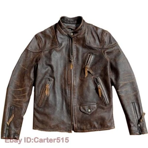 Mens Vintage Style Tea-Core Cowhide Washed Distressed Motorcycle Biker Jacket - Picture 1 of 25