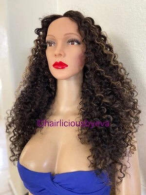 Kinky Curly Afro Wig Ombré Dark Brown Mix Highlights Golden Blonde 18” Long - Image 1 of 4