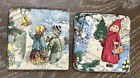 Set Of 2 Ceramic Tile Coasters Vintage Winter Children Christmas Scenes Red Hood
