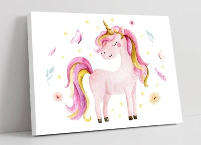 CUTE PINK WATERCOLOUR UNICORN KIDS BEDROOM CANVAS WALL ARTWORK PICTURE PRINT - Image 1 of 2