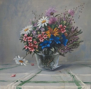 Alpenblumen in Glasvase, Öl auf Karton, ca 1950, gerahmt, signiert - Bild 1 von 16