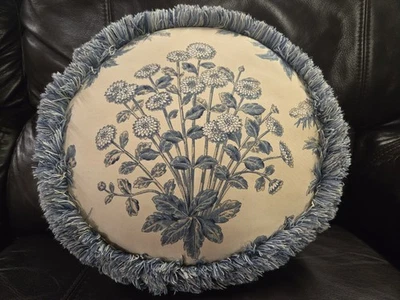 Decorative Round, Blue Floral Pillow. - Image 1 of 4