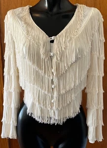 Vintage Joy Stevens California 1970s Ivory White Fringe Button Front Dress Shirt - Picture 1 of 7