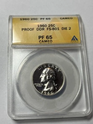1960 25c Silver Quarter Coin ANACS Pr65 CAM FS-022.5 FS-801 DDR. Rare In Cameo!! - Image 1 of 4