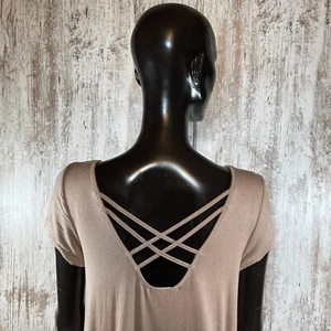 Lime N Chili Womens Fringe Bottom Round Neck Criss Cross Back Short Sleeve Tan - Picture 1 of 7