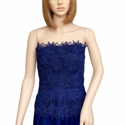 Vestido Largo Vintage VICTOR COSTA Talla 6 Azul Marino Encaje Nylon Encaje Sin Tirantes Foto 1 de 3