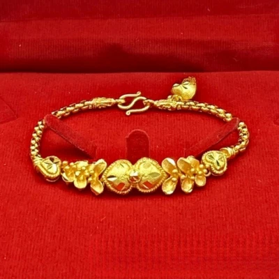 Bracelet 24K Flower Heart Pendant Thai Baht Gold Plated Chain GP Jewelry Women - Image 1 of 4