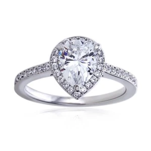 2.30CT Pear Cut Moissanite 14K White Gold Plated Halo Pave Anniversary Gift Ring - Picture 1 of 8