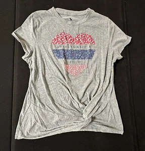 Abercrombie Kids Girls 15/16 Short Sleeve Gray Red White Blue Heart Ruched Hem - Picture 1 of 6
