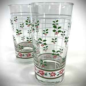 VTG 2 Libbey Christmas Windowpane Tumbler/ Hiball Glasses Holly Poinsettia 12 oz - Picture 1 of 13