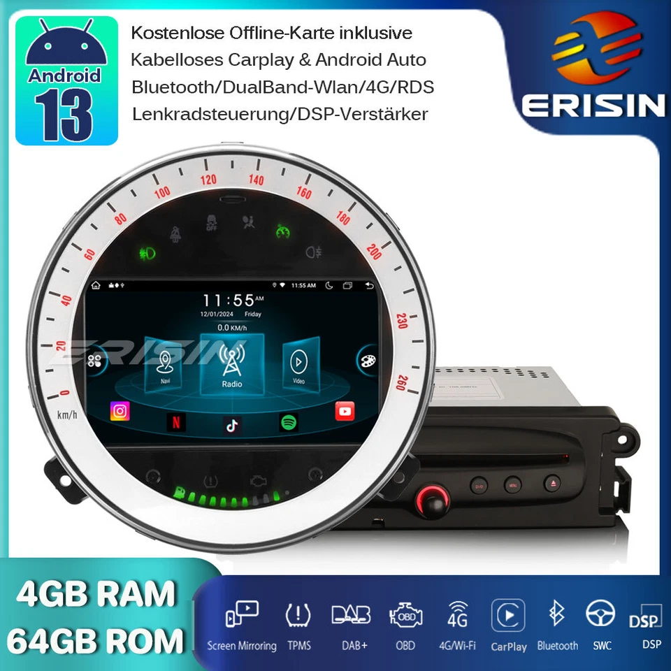 8-Kern DAB+ Android 13 Autoradio CarPlay Navi OBD RDS BT DVD für BMW Mini Cooper - Bild 1 von 4