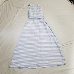 Sigird Olsen Dress Womens 12 Blue White Striped 100% Linen Long Belt Midi Beach - Picture 1 of 6