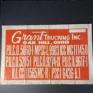 60er Vintage Grant Trucking Papierschild Oak Hill OH Traktor rot weiß Puco Nums 19x12 - Bild 1 von 7