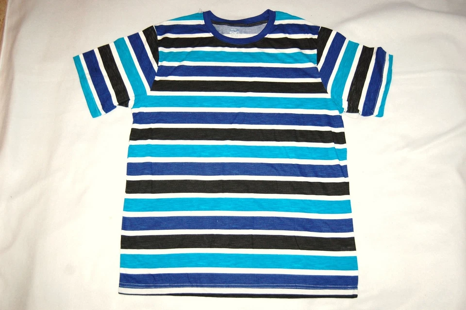 Mens S/S Tee Shirt BLUE TURQUOISE STRIPED Crew Neck L 42-44 - Image 1 of 1