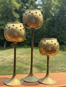 Vintage Set of 3 Tiered Brass Goblet Celestial Candlestick Holders 1970s 10/8/6” - Picture 1 of 5