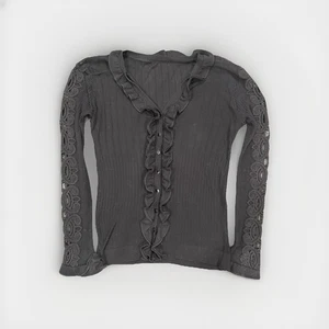 Womens Top Embroidered Ribbed Ruffled Trim Lace M Cardigan Appliqué Sleeve Black - Picture 1 of 6
