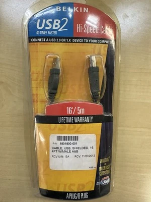 BELKIN USB 2 High Speed 2.0 Cable 16 ft / 5m A Plug /B Plug 480 Mbps-- New! - Image 1 of 2