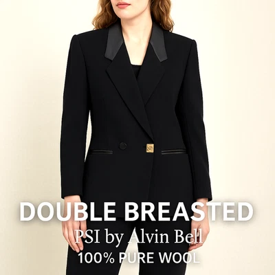 Blazer para mujer PSI by Alvin Bell talla 10 negro lana cuero ribete años 80 doble pecho Foto 1 de 4