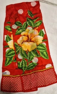 Vtg LONG SILK Scarf RED W/YELLOW HIBISCUS Flower Japan Handrolled W/Tag 10x52 - Picture 1 of 4
