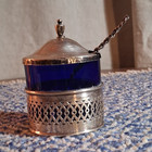 Sterling Silver Mustard Pot with Blue Glass Liner and Spoon