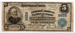1902 Fletcher American National Bank Note of Indianapolis $5 9829 B1162 - Picture 1 of 2