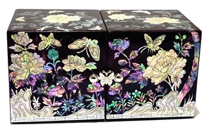 Korean Mother of Pearl Inlaid 'Hanji' Twin Cubic Jewellery Box Lacquerware - Picture 1 of 10