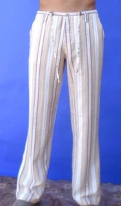 Men's Linen Beach Pants - Draw String for Groom Weddings - Striped White & Beige - Picture 1 of 5