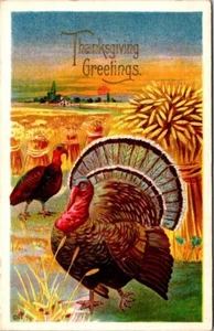 Vintage Postcard-Thanksgiving Greeting—Turkeys in wheat field -Farmhouse-Sunset - Imagen 1 de 2