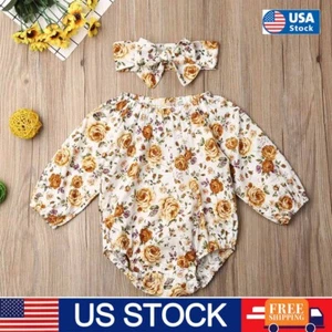 Newborn Infant Baby Girls Floral Romper Tops + Headband Clothes Dress Outfit Set - Picture 1 of 8