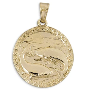 Real 10K Yellow Gold Pisces Pendant, Zodiac Sign Coin Pendant Astrology Jewelry - Picture 1 of 7