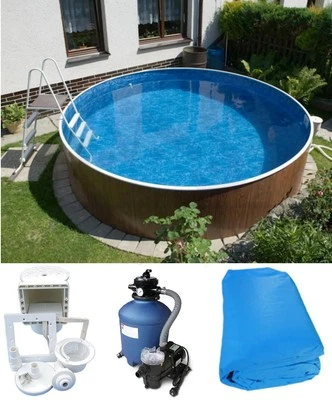 Stahlwandpool 4,60 x 1,20 m Skimmer Holzoptik Sandfilter Schwimmbecken Pool - Bild 1 von 4