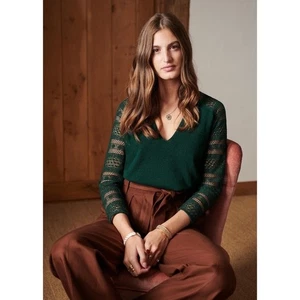 Sezane Valentin Sz S Cashmere Forest Green Crochet Long Sleeve Pullover Sweater - Picture 1 of 11
