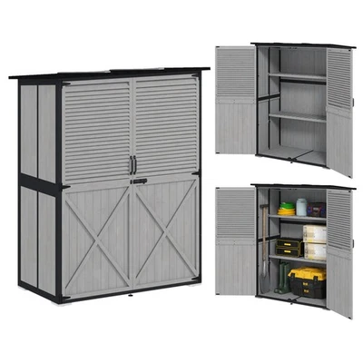 Outdoor Storage Cabinet, Wood Garden Shed with 2 Shelves, Gray - Image 1 of 4