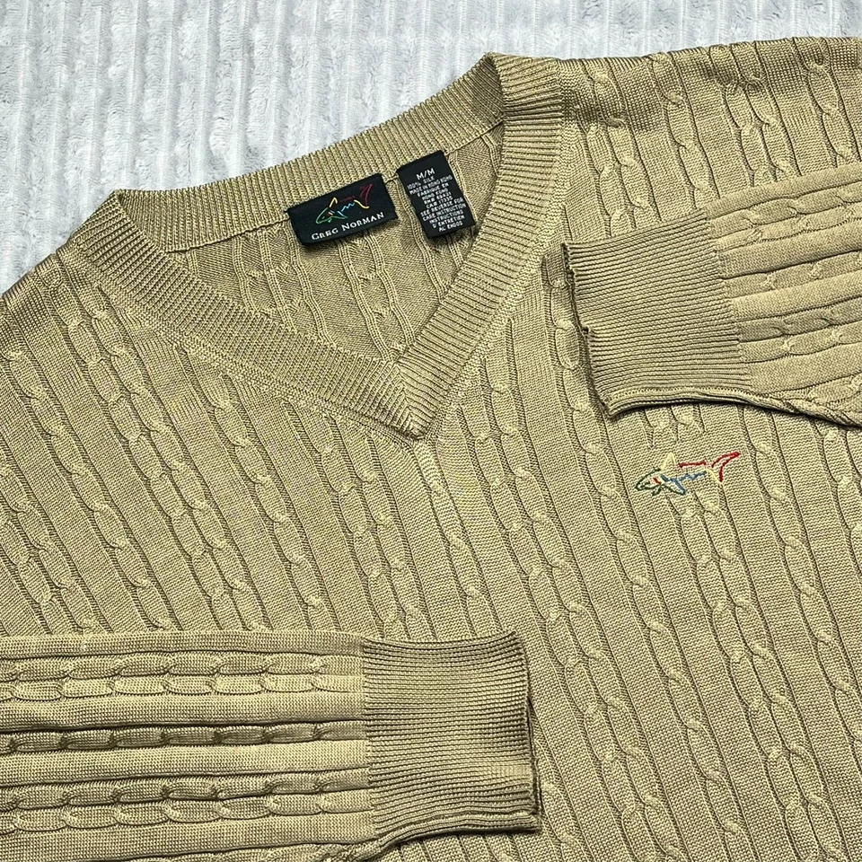 Greg Norman шелковый кабель трикотажа v-образным вырезом свитер мужской M бежевый гольф повседневный опрятный - Изображение 1 из 4