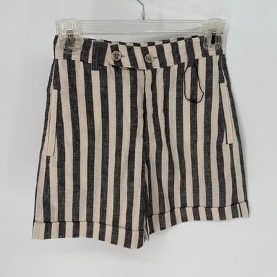 Zara Striped High Waist Shorts Button Front Beige Black Casual Summer Size 9 - Image 1 of 4