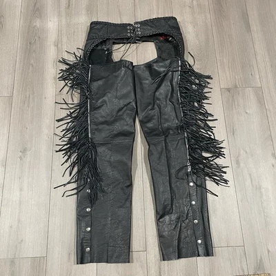 Vtg Mustang Black Leather Fringe Tasseled Motorcycle Chaps XL Adjustable Biker - Image 1 of 4