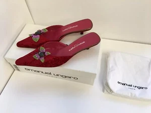 Emanuel Ungaro Burgund Abend Pantoletten Kitten Perlen Schmetterlinge UK6 US39MD Neu - Bild 1 von 5