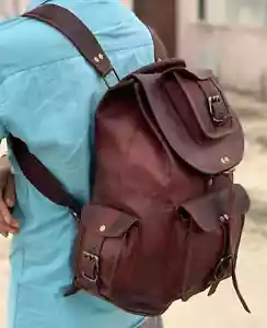 Real Genuine Leather Men's Backpack Bag laptop Satchel briefcase Brown Vintage - Picture 1 of 5