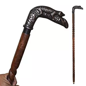 Vintage Wooden Walking Stick Cane with Designer Bronze Finish Crocodile Handle - Picture 1 of 6