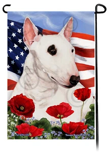 Patriotic Flowers Garden Flag - Mini White Bull Terrier - Picture 1 of 1