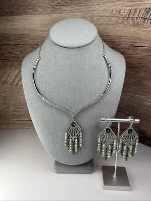 Art Deco Style Green & Rhinestone Necklace & Earrings Cascading Statement - Image 1 of 4