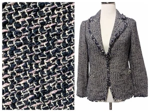 Rebecca Taylor Women Sz 8 Blue Pink White Confetti Tweed Raw Edge Blazer Jacket - Picture 1 of 12