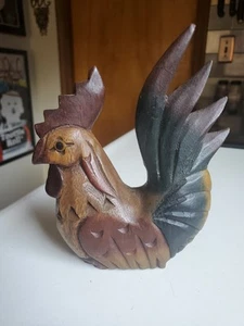 RUSTIC HAND CARVED PRIMITIVE WOODEN FOLK ART ROOSTER CHICKEN 6” FARMHOUSE - Picture 1 of 7