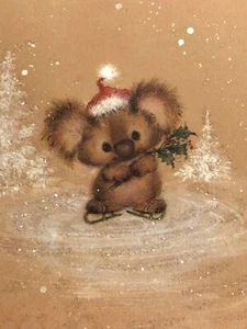 Vtg Hallmark Christmas Card Mary Hamilton Glittered Blank Koala Bear Skates NOS - Picture 1 of 7