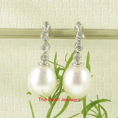 14k White Gold Diamond Genuine White Pearl Dangle Stud Earrings - Image 1 of 4