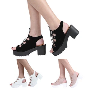 NEW WOMENS GIRLS KIDS LACE UP CLEATED BLOCK HEEL PLATFORM SANDAL SHOES SIZE 10-8 - Picture 1 of 13